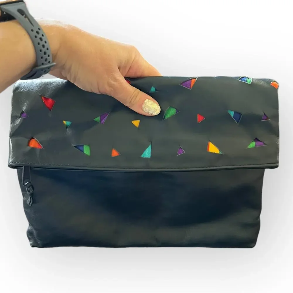 Pioneer Vintage 80s Navy Blue Leather Fold Over Clutch Purse w/ Fabric Cut Outs